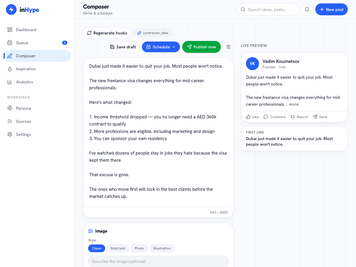 inHype composer with a generated post and image panel