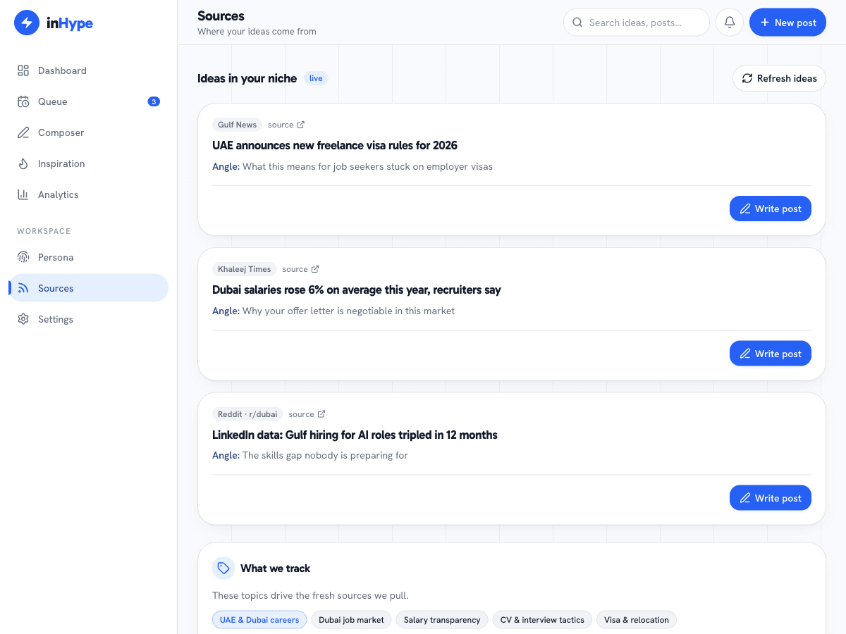 inHype sources configuration page
